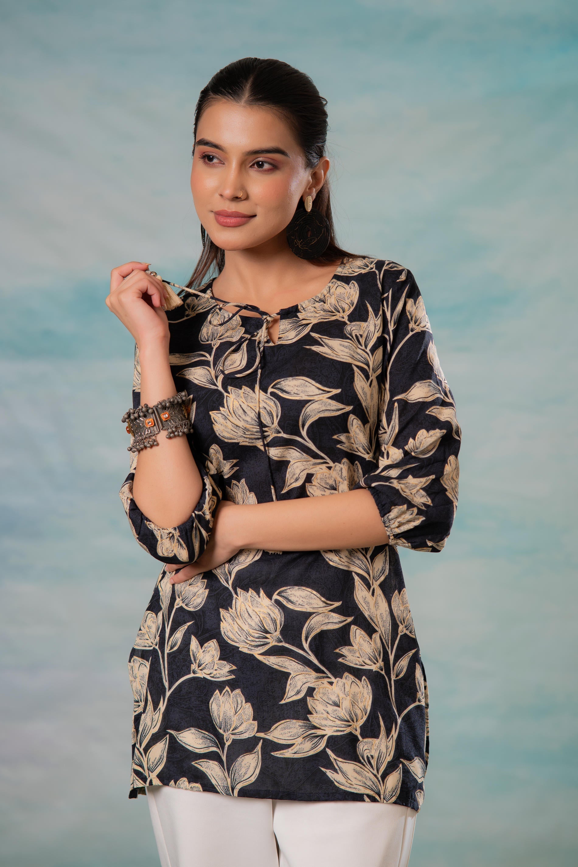 Juniper Grey Floral Printed Viscose Tunic | Grocsy