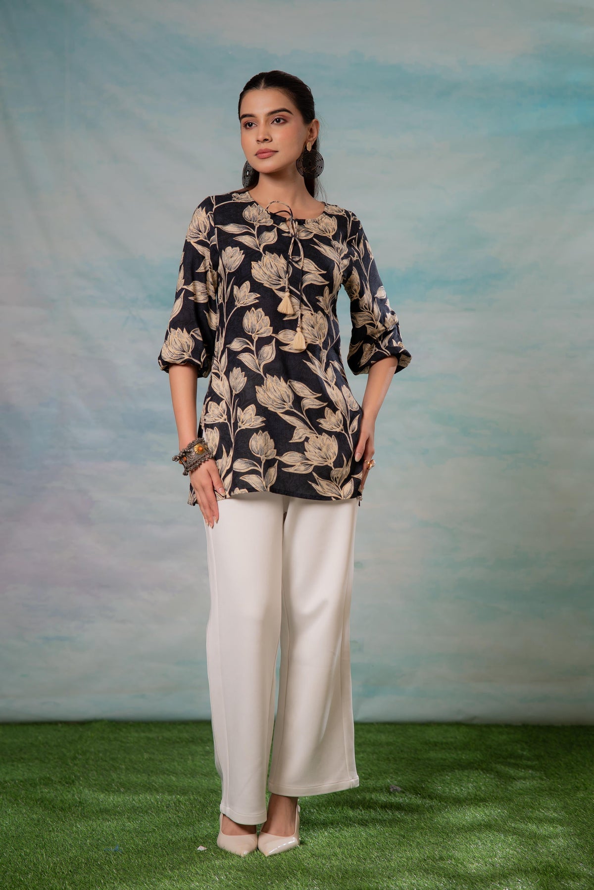 Juniper Grey Floral Printed Viscose Tunic | Grocsy