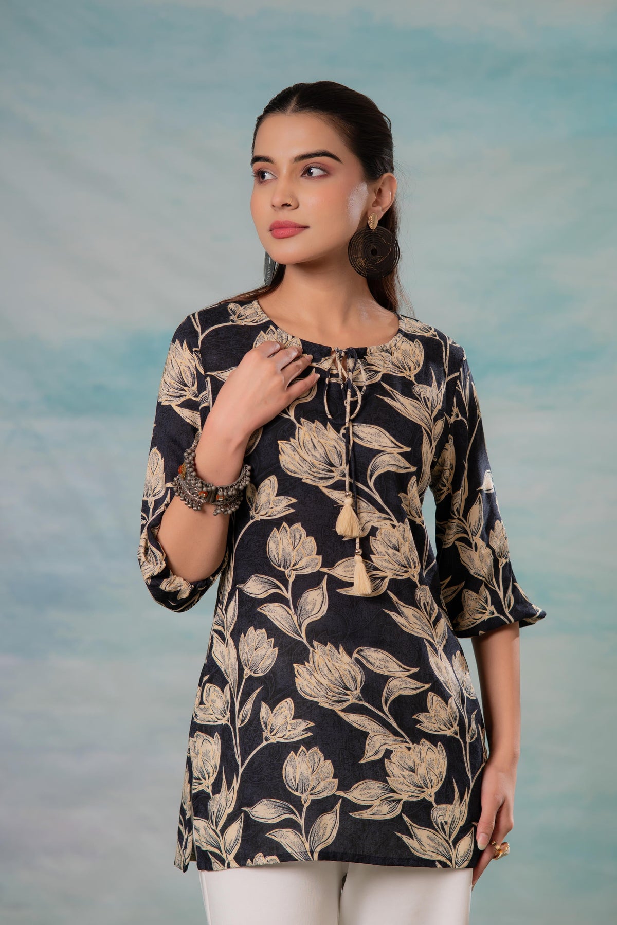 Juniper Grey Floral Printed Viscose Tunic | Grocsy