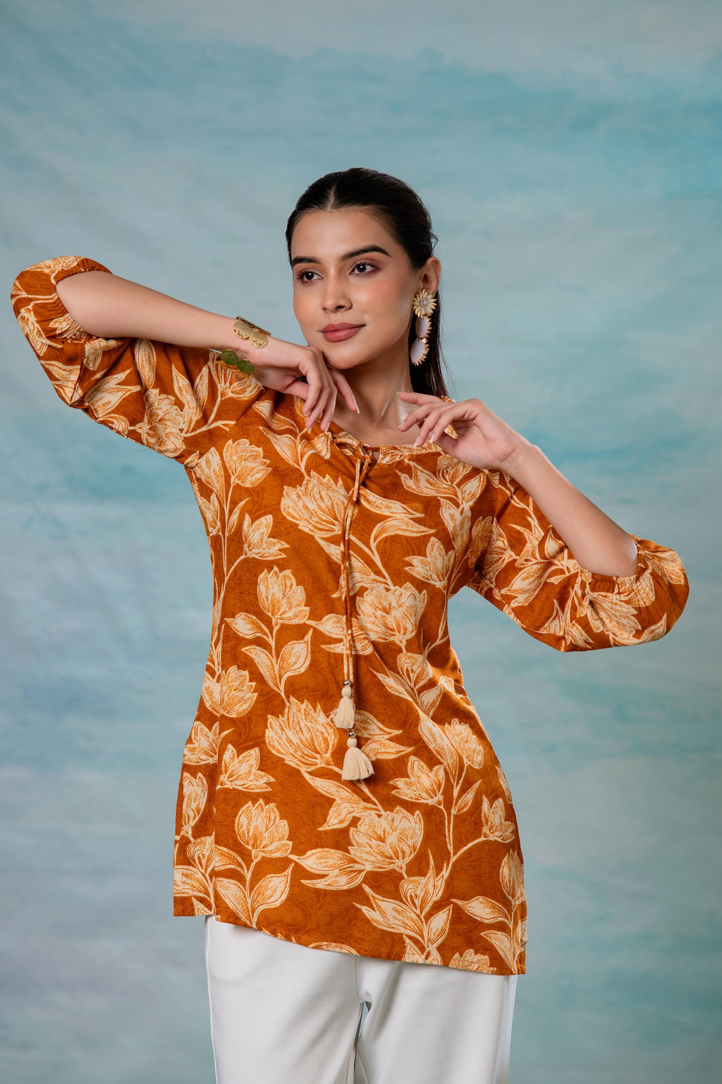 Juniper Mustard Floral Printed Viscose Tunic | Grocsy