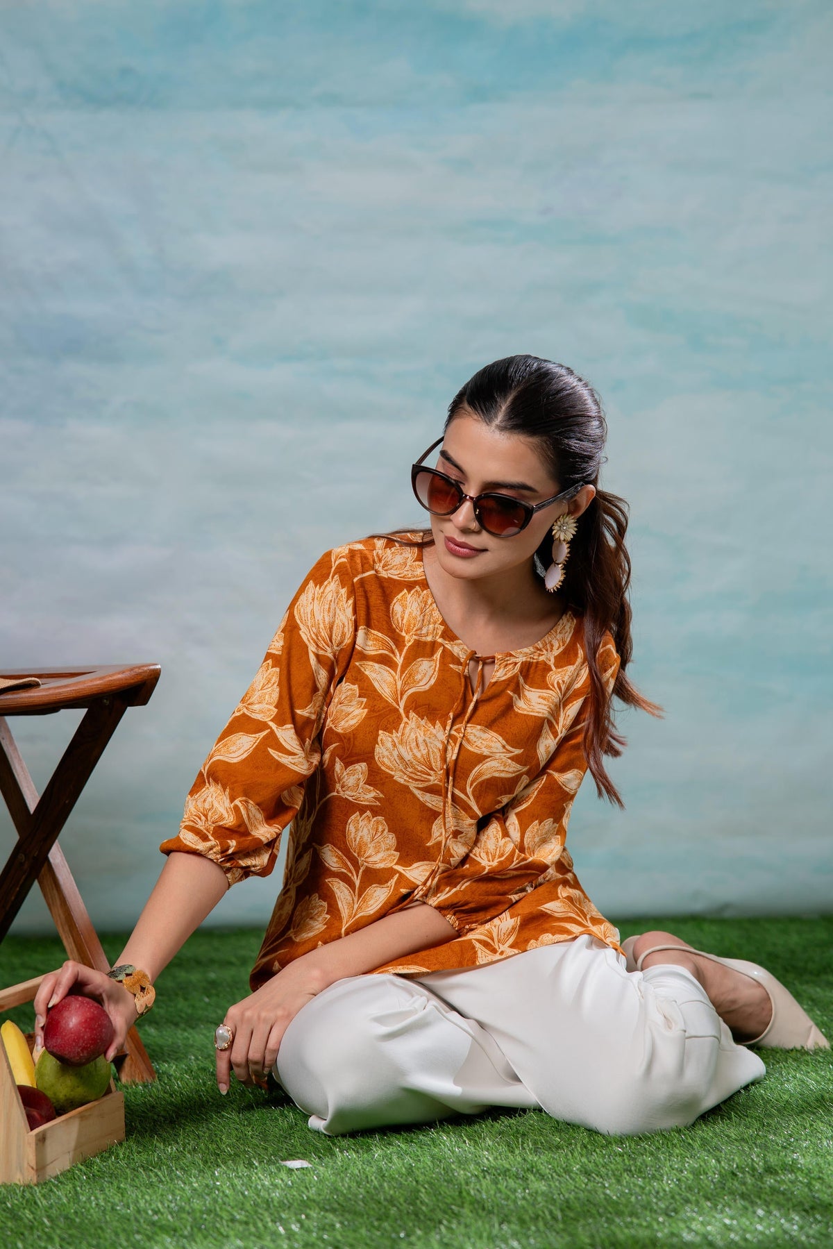 Juniper Mustard Floral Printed Viscose Tunic | Grocsy