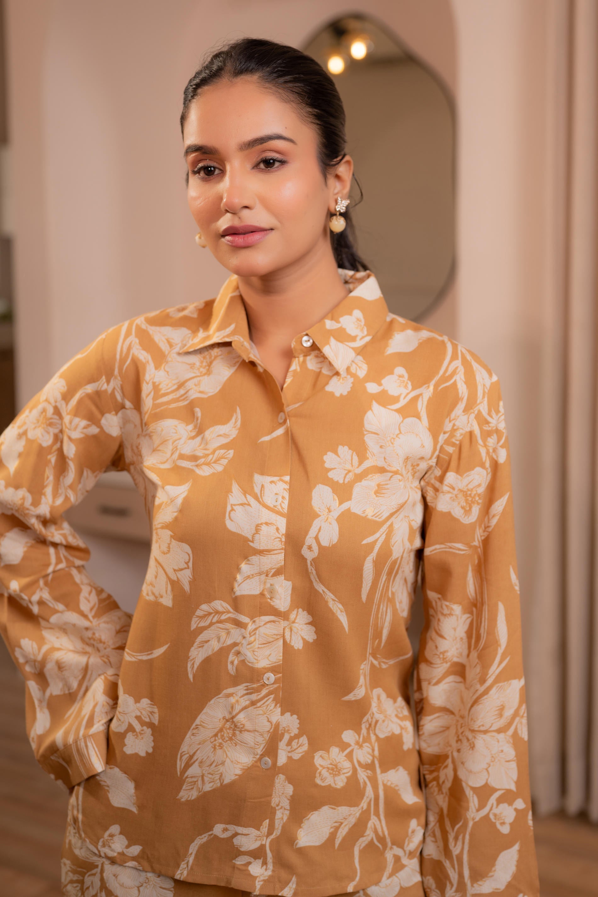 Juniper Mustard Floral Printed Co-Ord Set With Button Details | Grocsy
