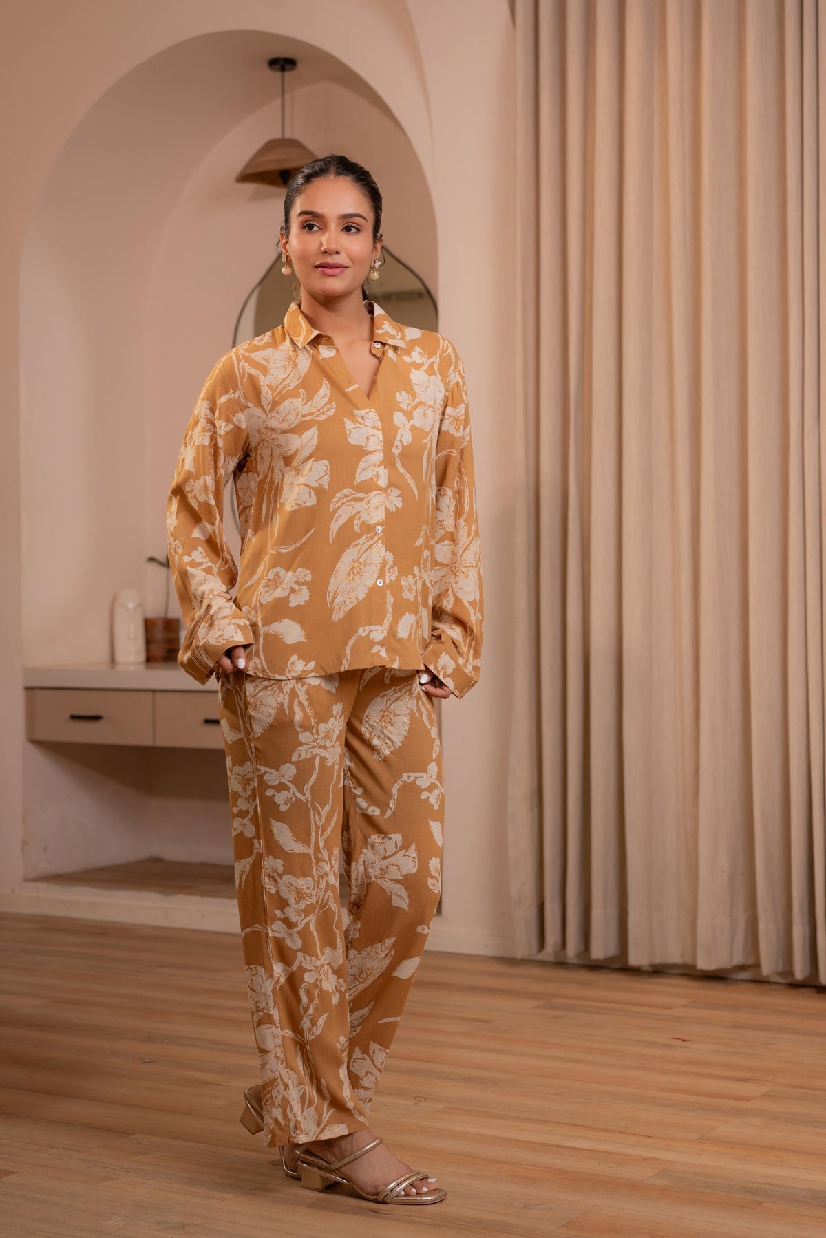 Juniper Mustard Floral Printed Co-Ord Set With Button Details | Grocsy