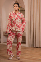 Juniper Dusty Pink Floral Printed Co-Ord Set With Button Details | Grocsy