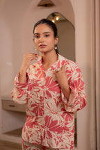 Juniper Dusty Pink Floral Printed Co-Ord Set With Button Details | Grocsy