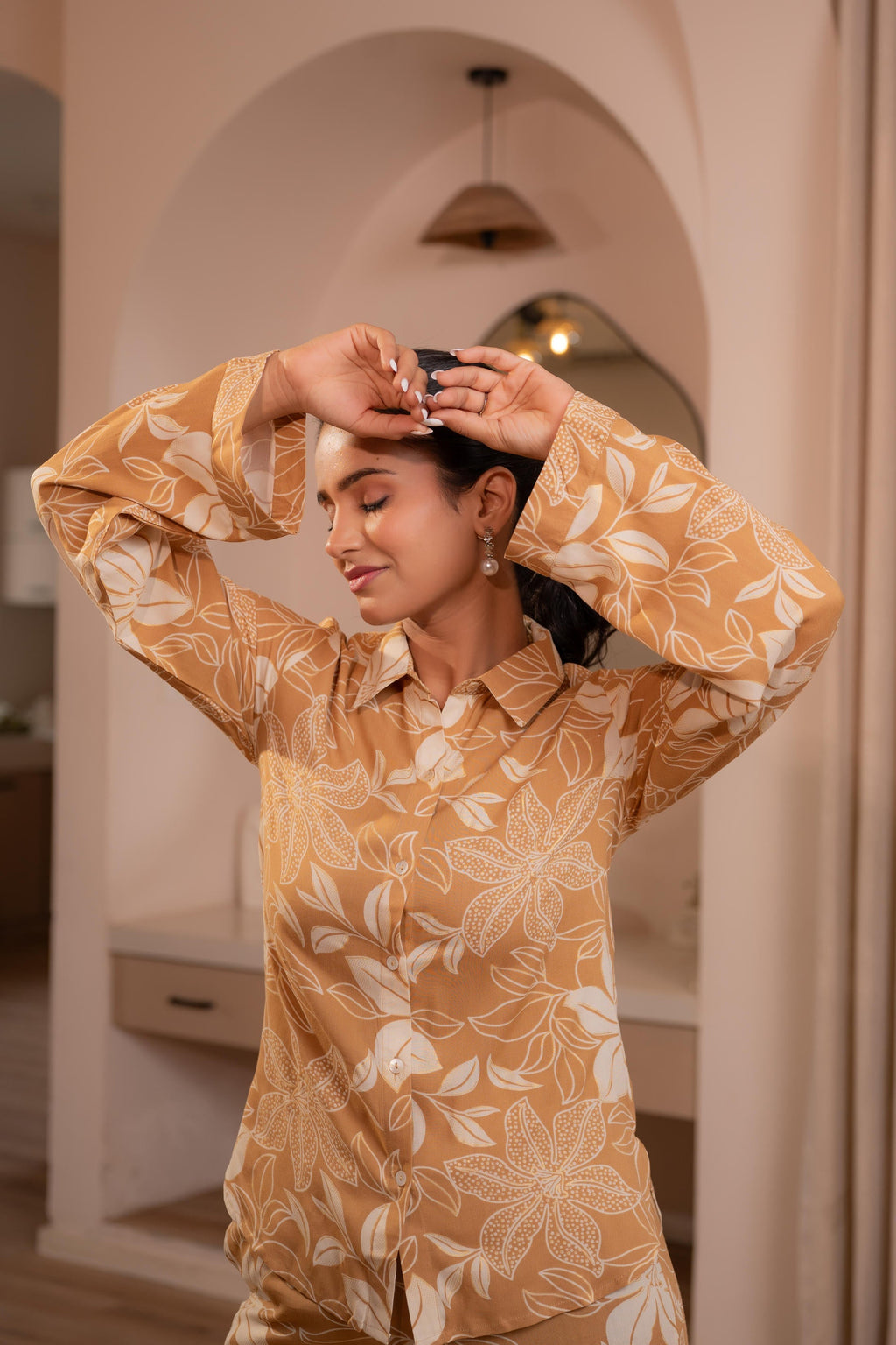 Juniper Brown Floral Printed Co-Ord Set With Button Details | Grocsy