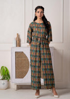 Juniper Green Floral Printed Viscose Jumpsuit With Belt | Grocsy