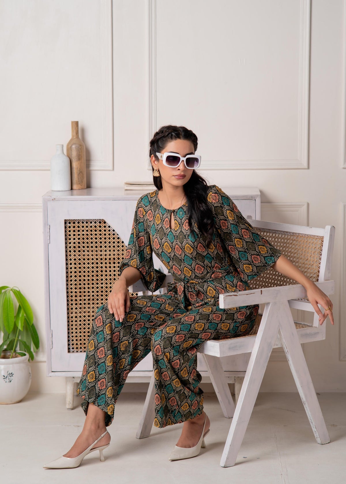 Juniper Green Floral Printed Viscose Jumpsuit With Belt | Grocsy