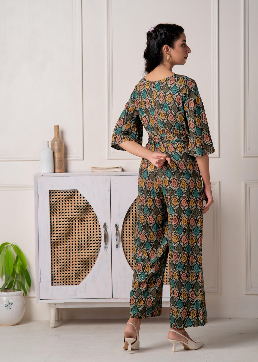 Juniper Green Floral Printed Viscose Jumpsuit With Belt | Grocsy