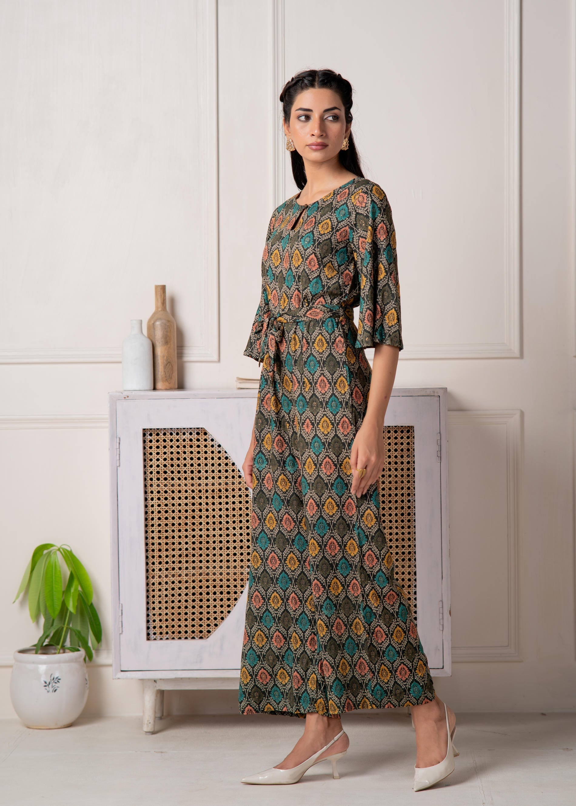 Juniper Green Floral Printed Viscose Jumpsuit With Belt | Grocsy