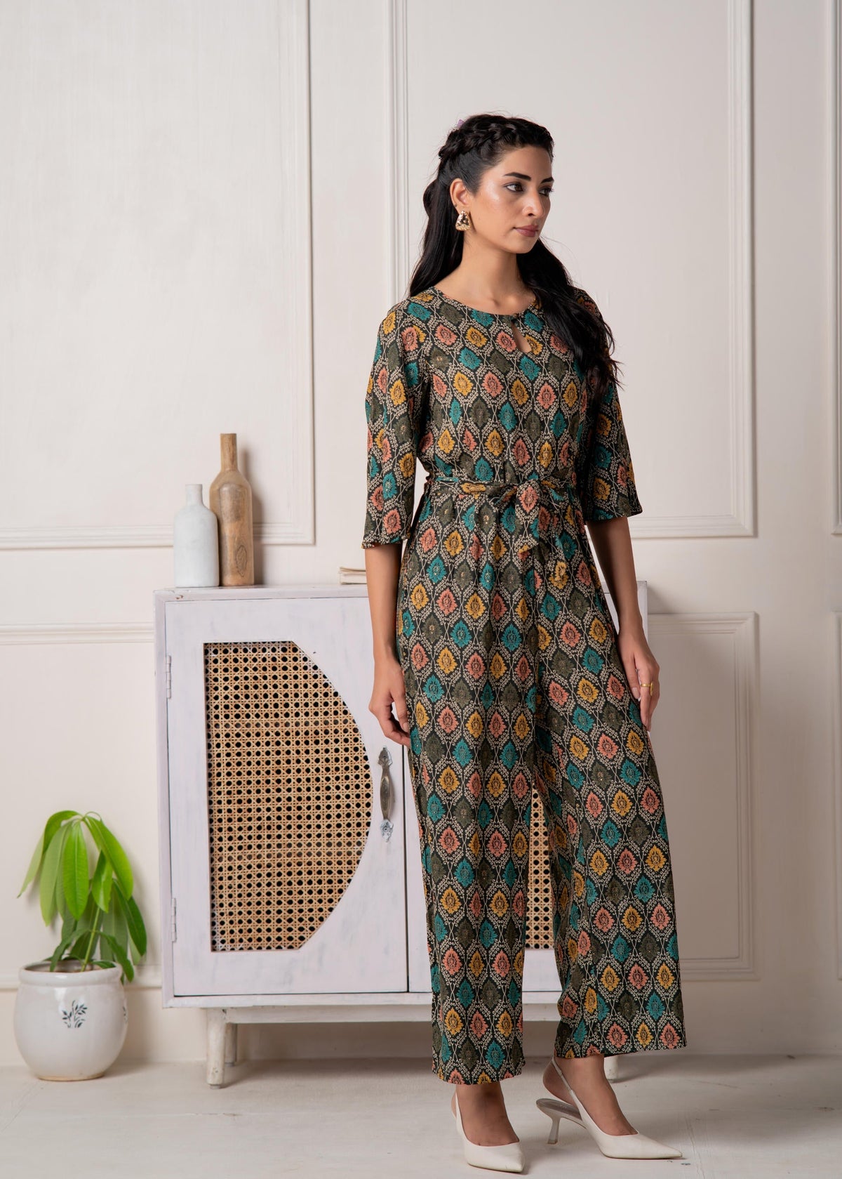 Juniper Green Floral Printed Viscose Jumpsuit With Belt | Grocsy