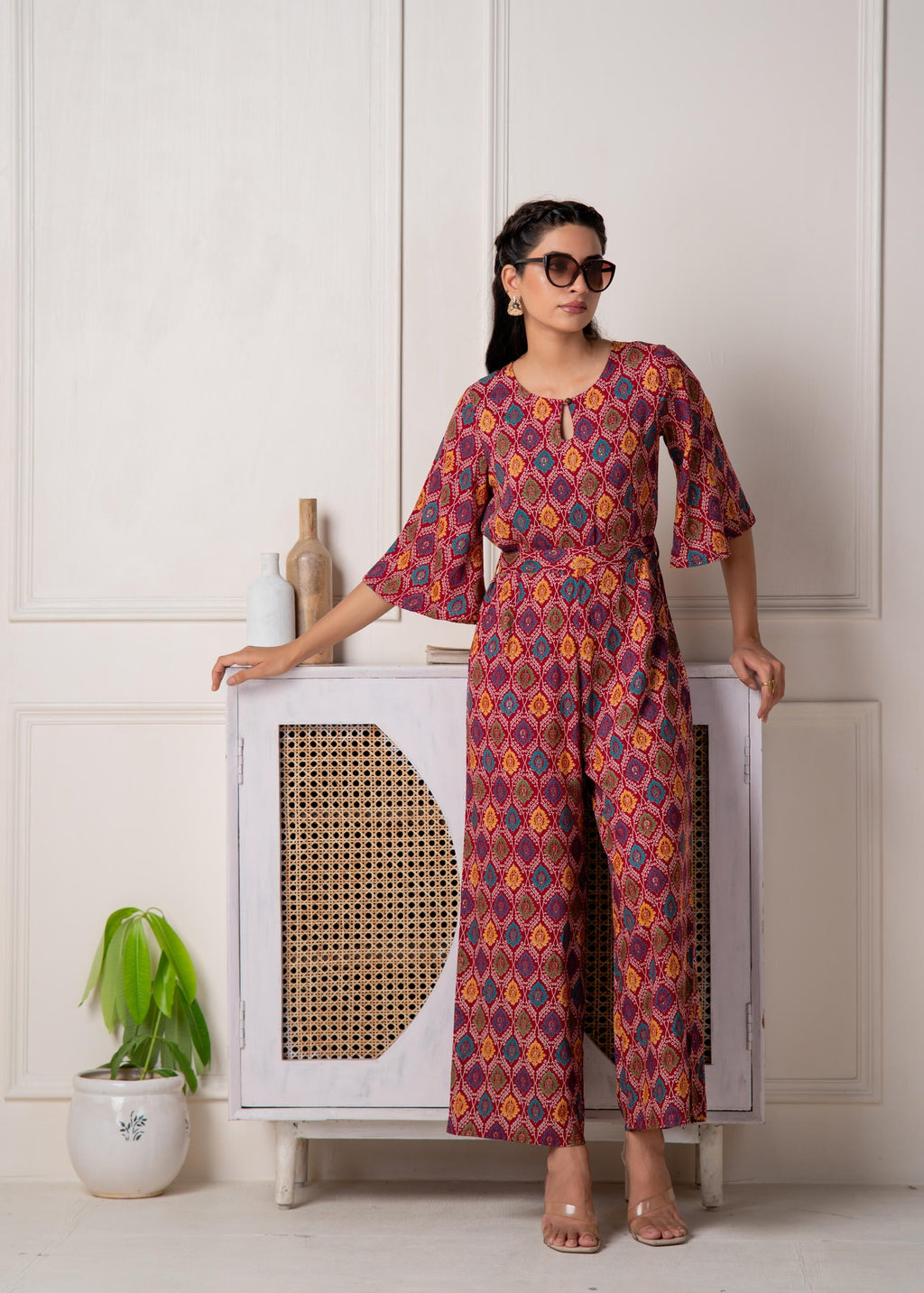 Juniper Red Floral Printed Viscose Jumpsuit With Belt | Grocsy