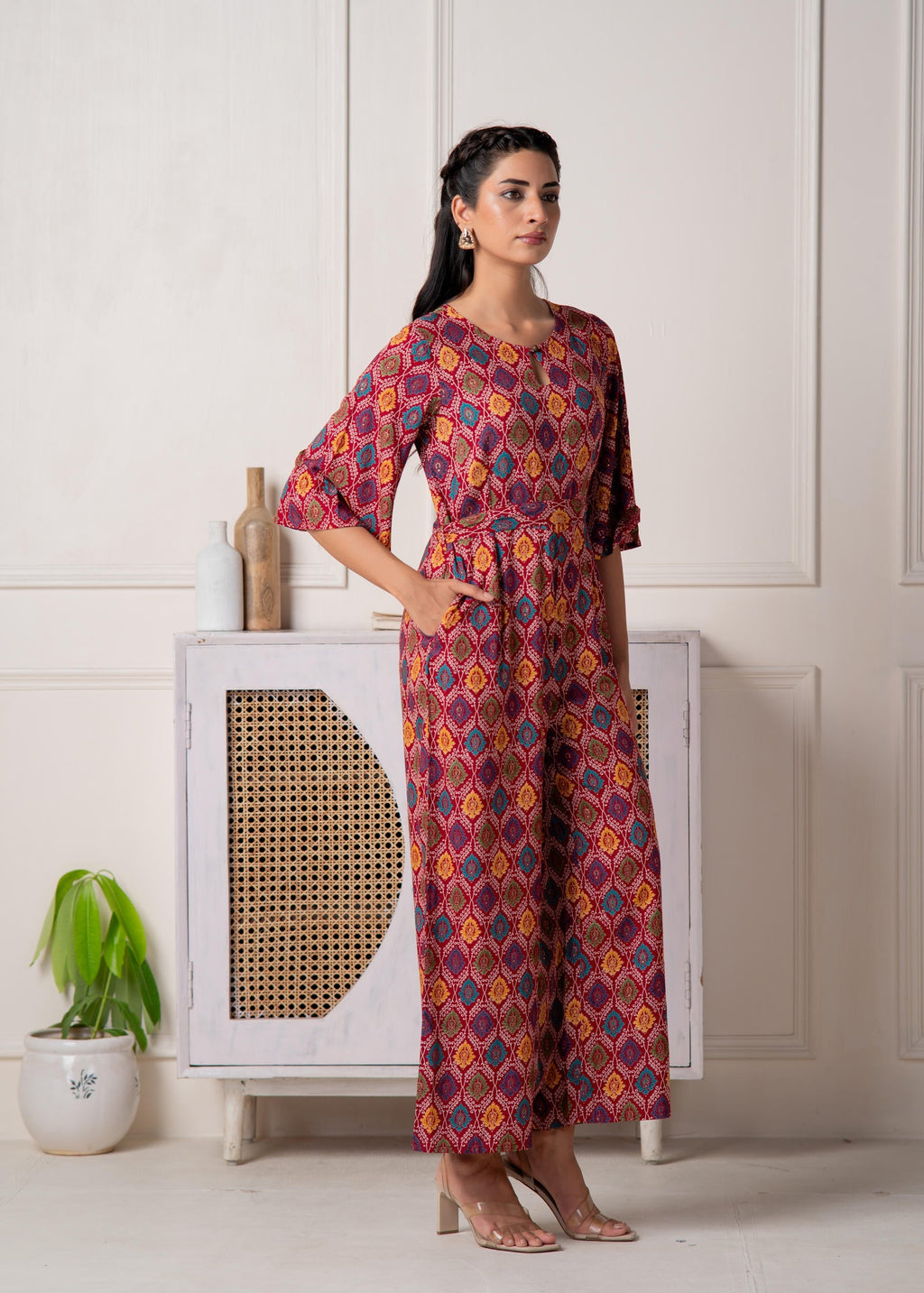 Juniper Red Floral Printed Viscose Jumpsuit With Belt | Grocsy