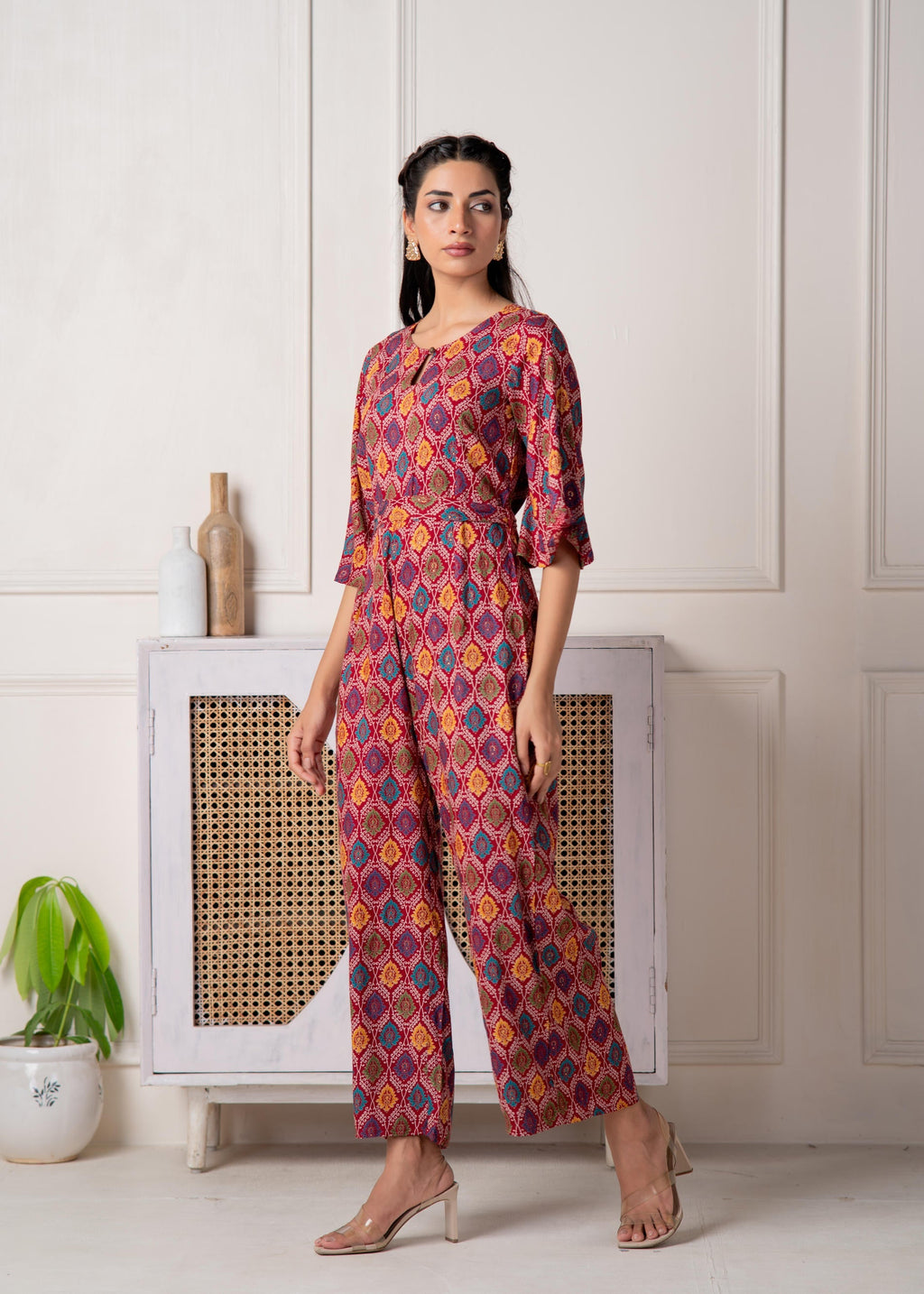 Juniper Red Floral Printed Viscose Jumpsuit With Belt | Grocsy