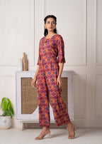 Juniper Red Floral Printed Viscose Jumpsuit With Belt | Grocsy