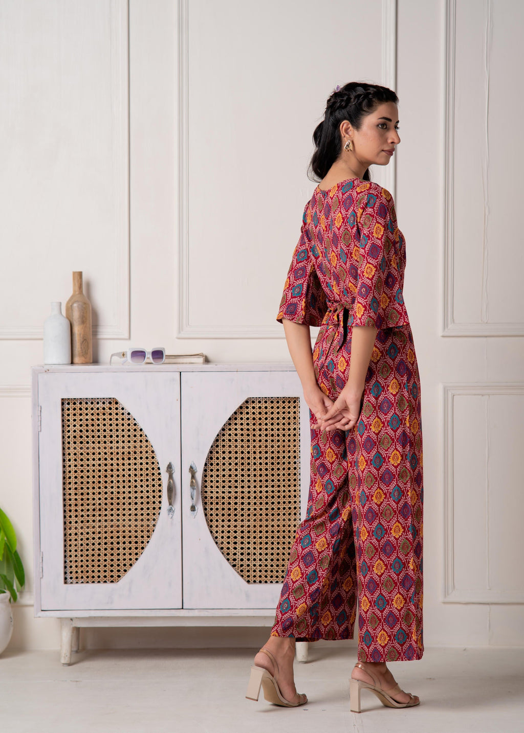 Juniper Red Floral Printed Viscose Jumpsuit With Belt | Grocsy
