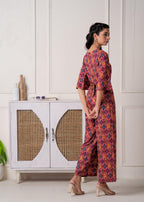 Juniper Red Floral Printed Viscose Jumpsuit With Belt | Grocsy