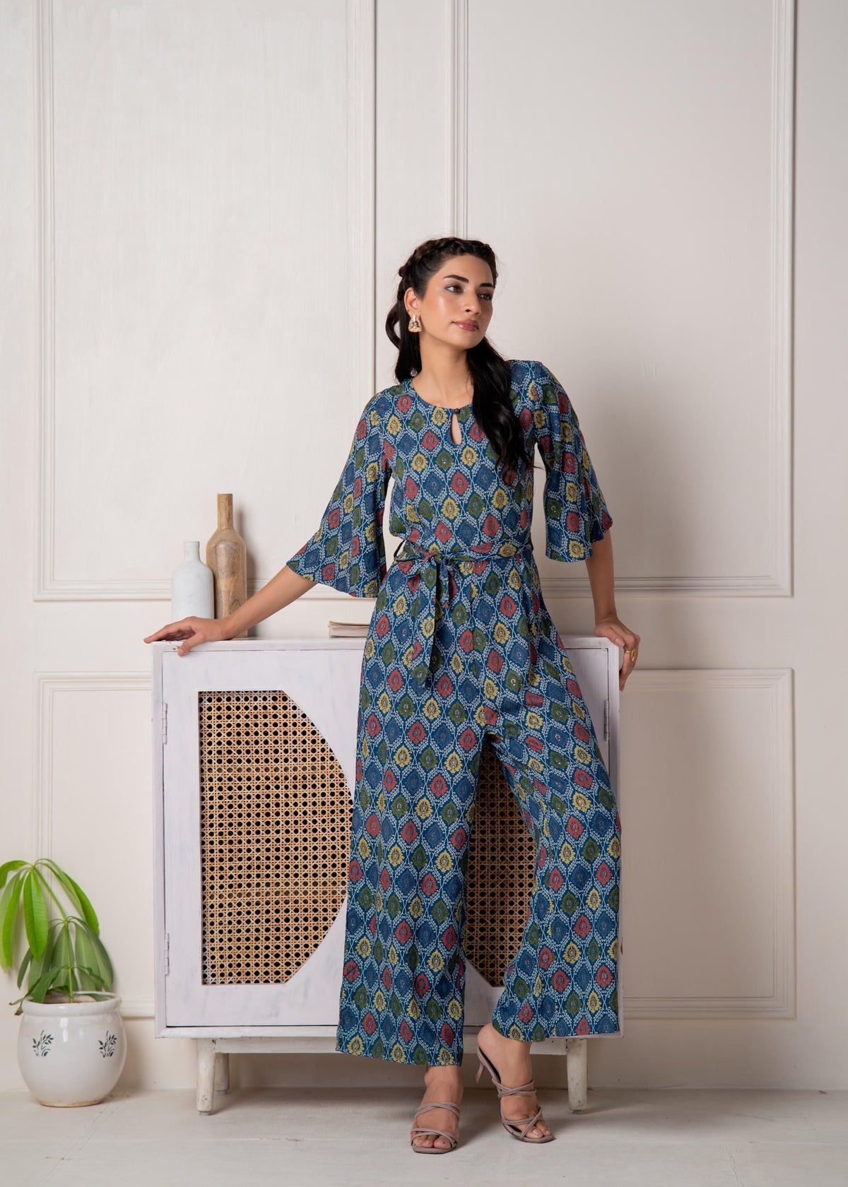 Juniper Teal Floral Printed Viscose Jumpsuit With Belt | Grocsy