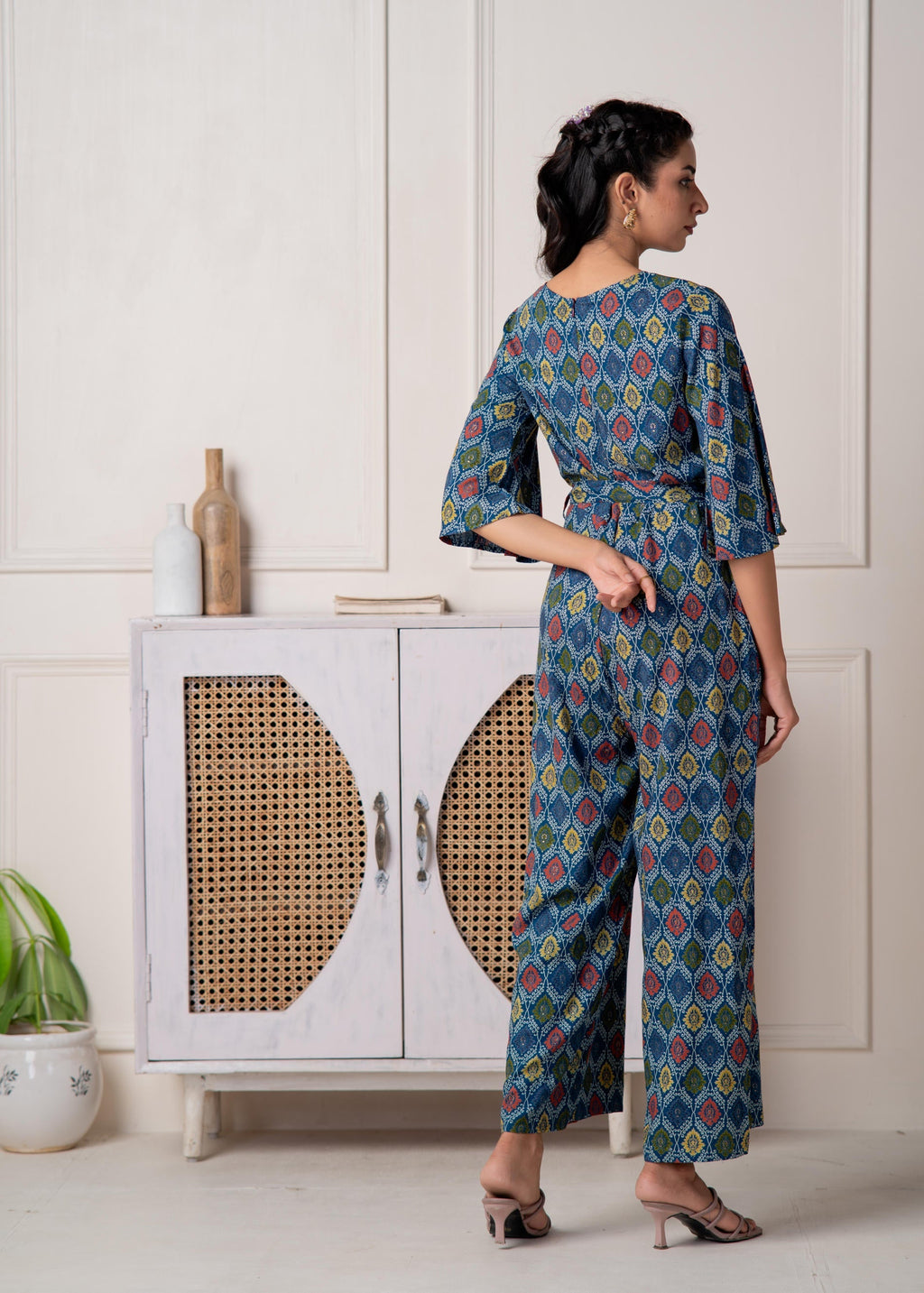 Juniper Teal Floral Printed Viscose Jumpsuit With Belt | Grocsy