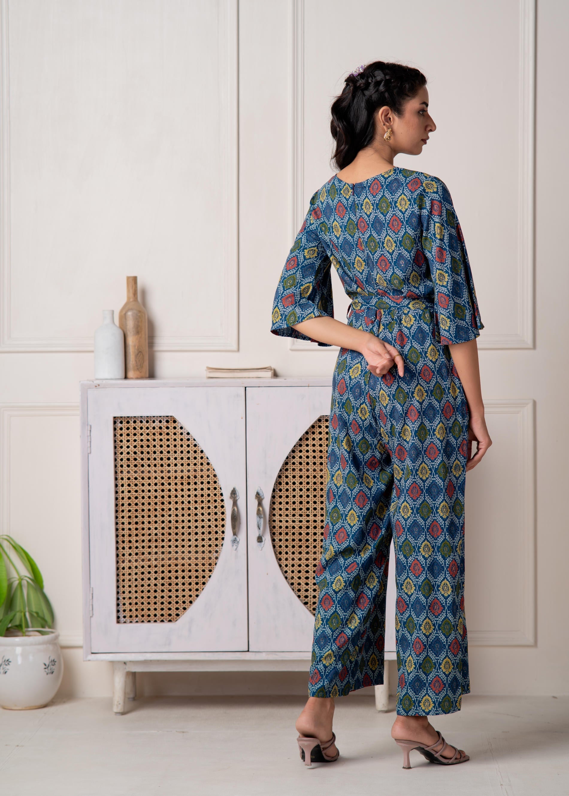 Juniper Teal Floral Printed Viscose Jumpsuit With Belt | Grocsy