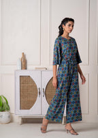 Juniper Teal Floral Printed Viscose Jumpsuit With Belt | Grocsy