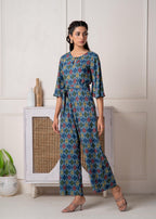 Juniper Teal Floral Printed Viscose Jumpsuit With Belt | Grocsy