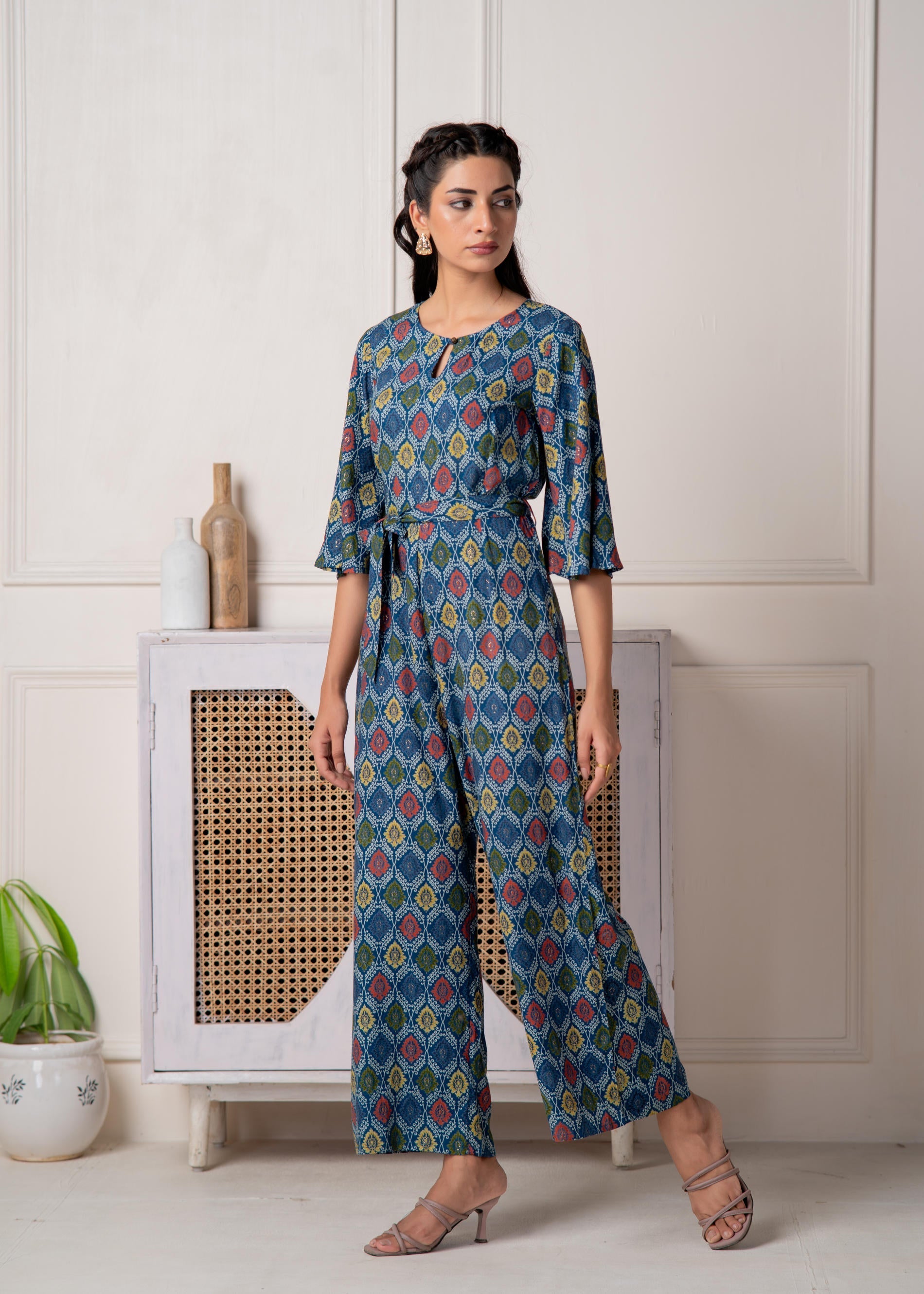 Juniper Teal Floral Printed Viscose Jumpsuit With Belt | Grocsy