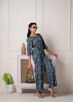Juniper Teal Floral Printed Viscose Jumpsuit With Belt | Grocsy