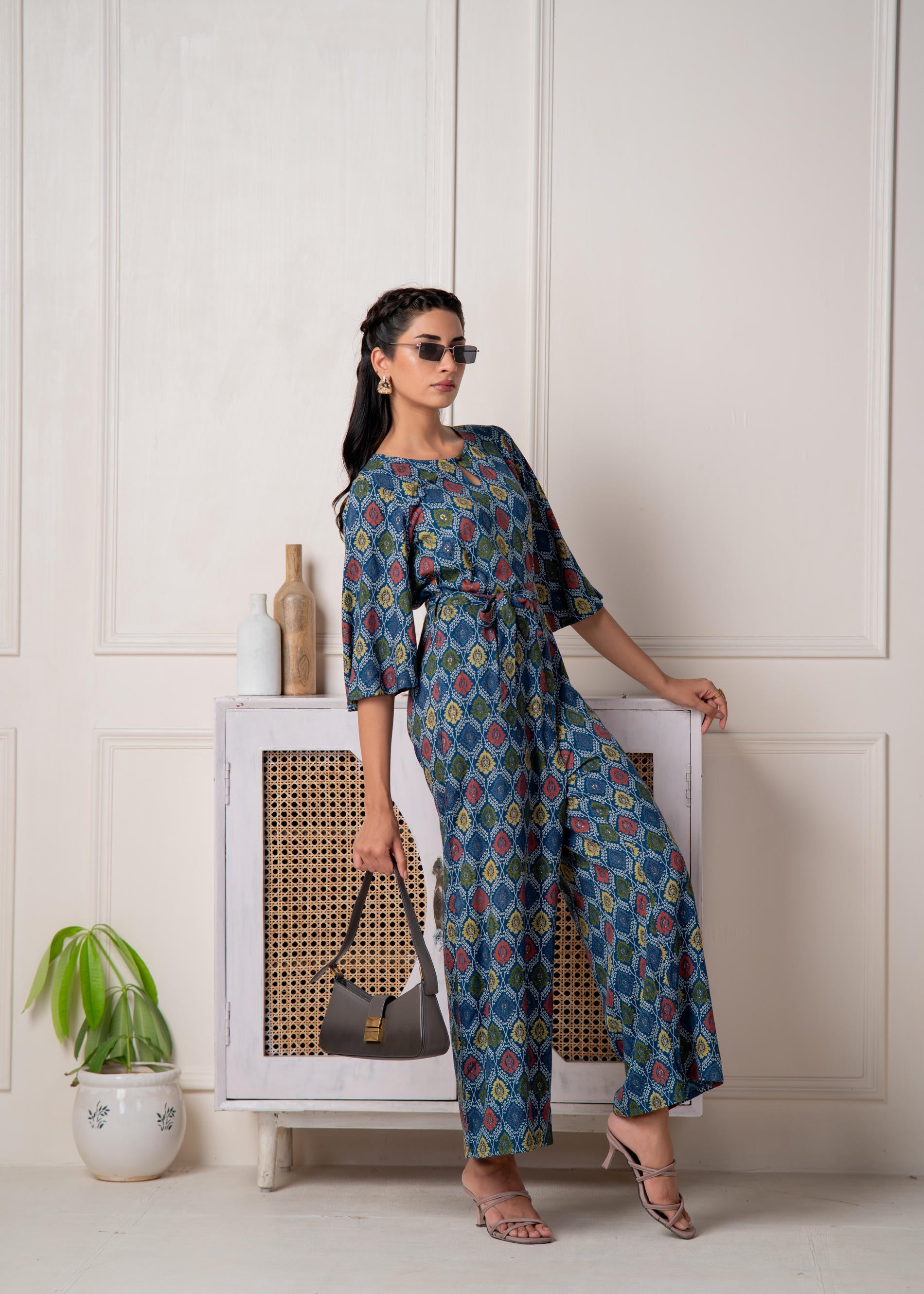 Juniper Teal Floral Printed Viscose Jumpsuit With Belt | Grocsy