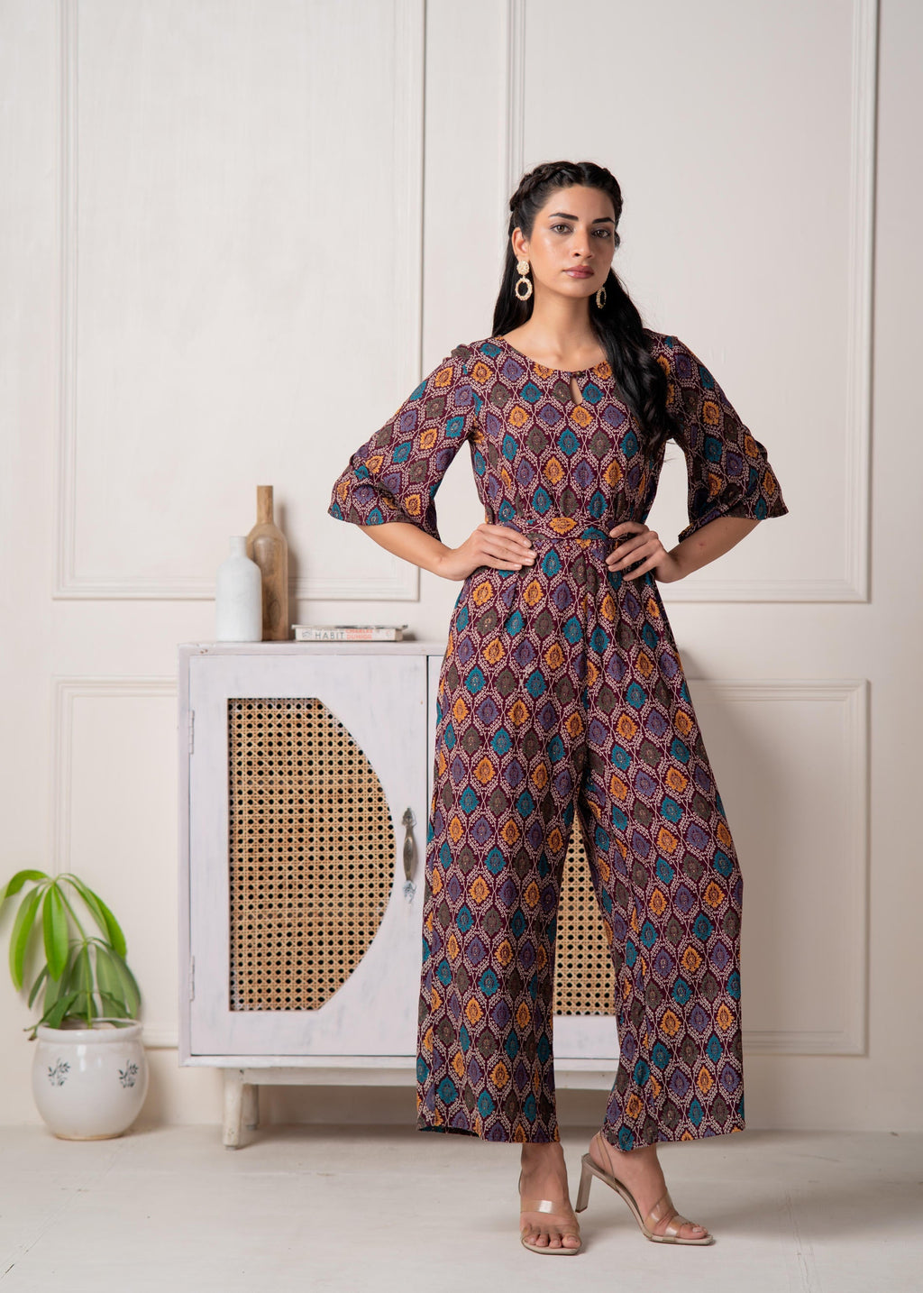 Juniper Wine Floral Printed Viscose Jumpsuit With Belt | Grocsy