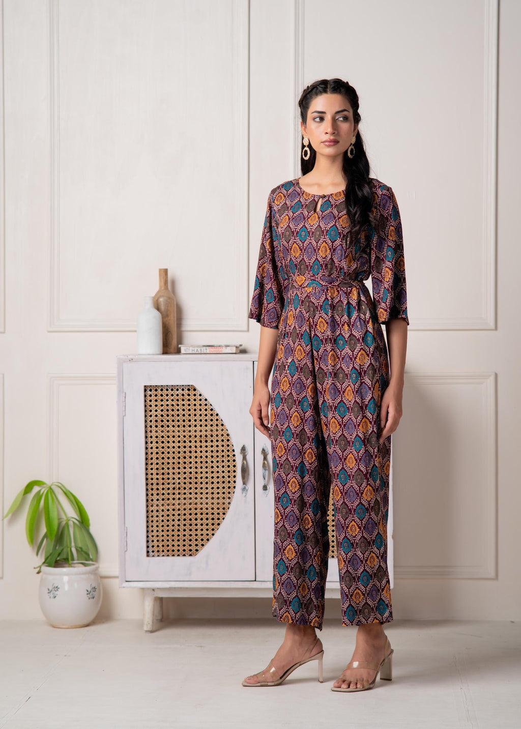 Juniper Wine Floral Printed Viscose Jumpsuit With Belt | Grocsy