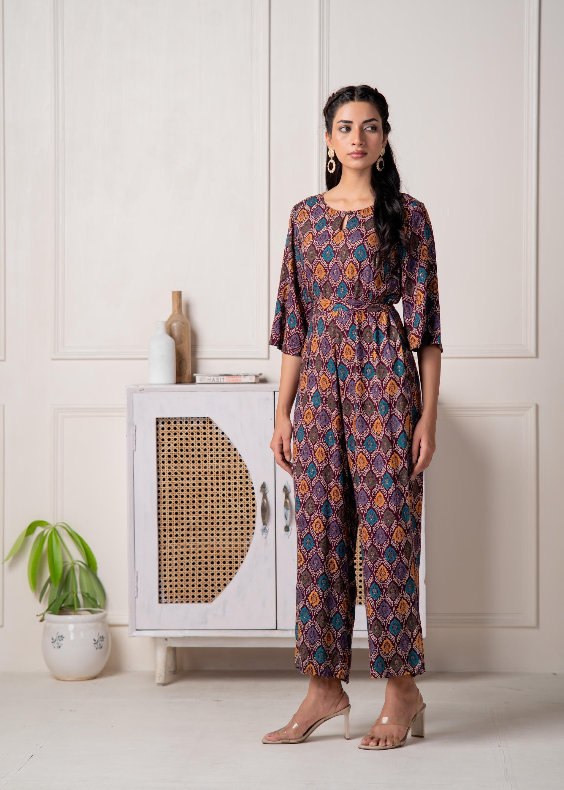Juniper Wine Floral Printed Viscose Jumpsuit With Belt | Grocsy