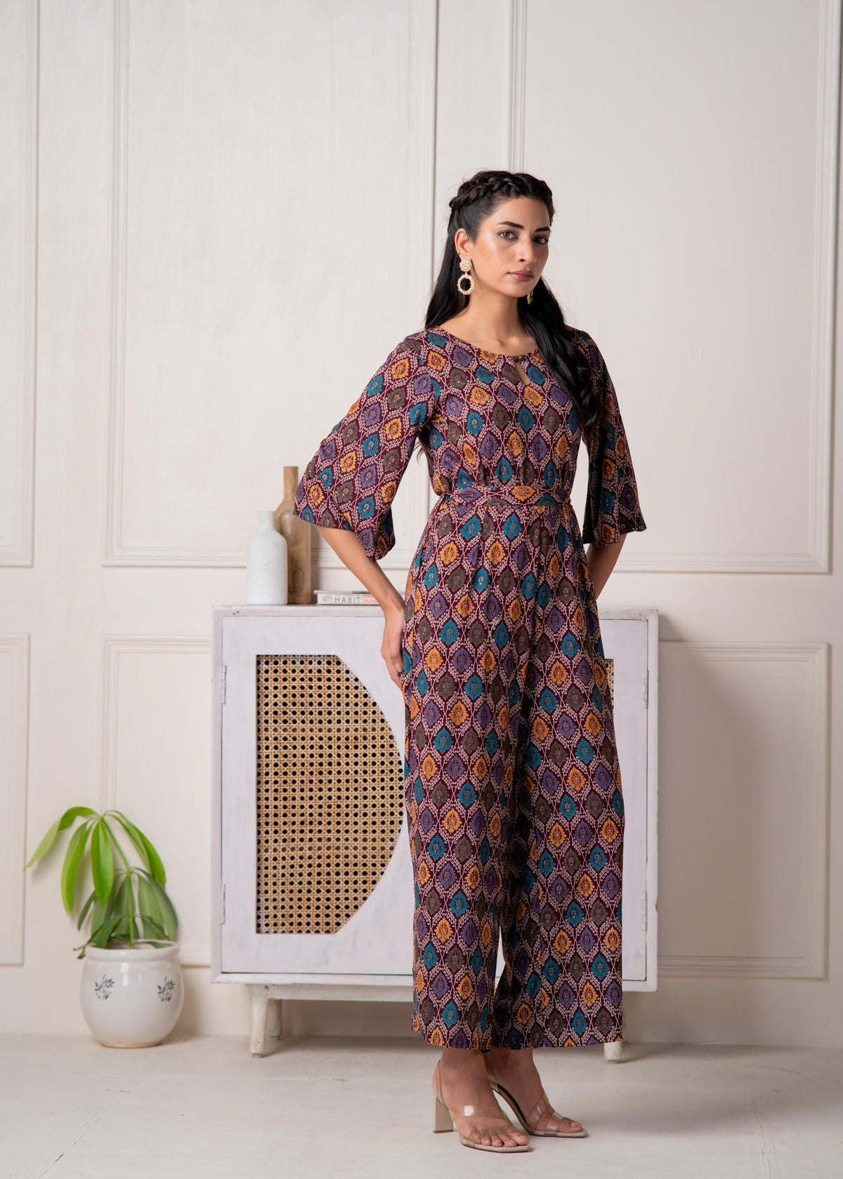 Juniper Wine Floral Printed Viscose Jumpsuit With Belt | Grocsy