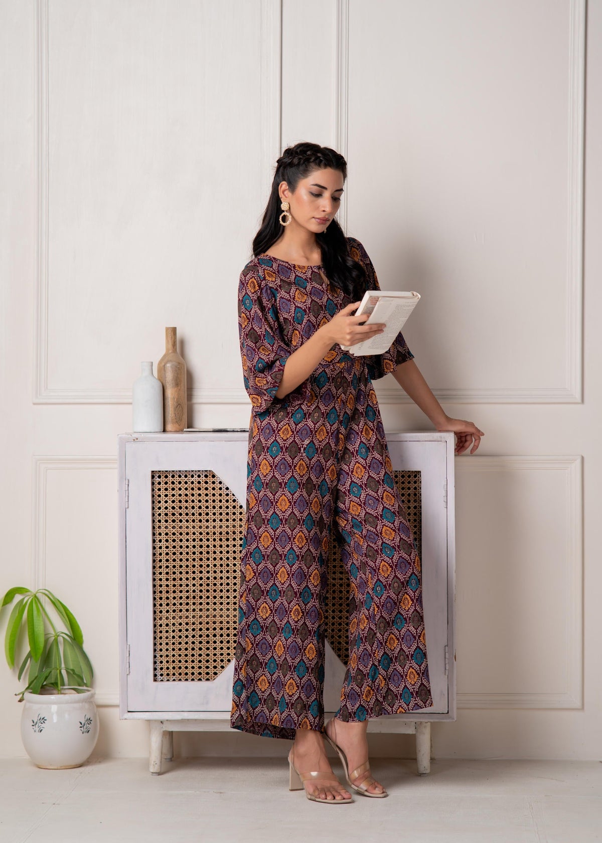 Juniper Wine Floral Printed Viscose Jumpsuit With Belt | Grocsy