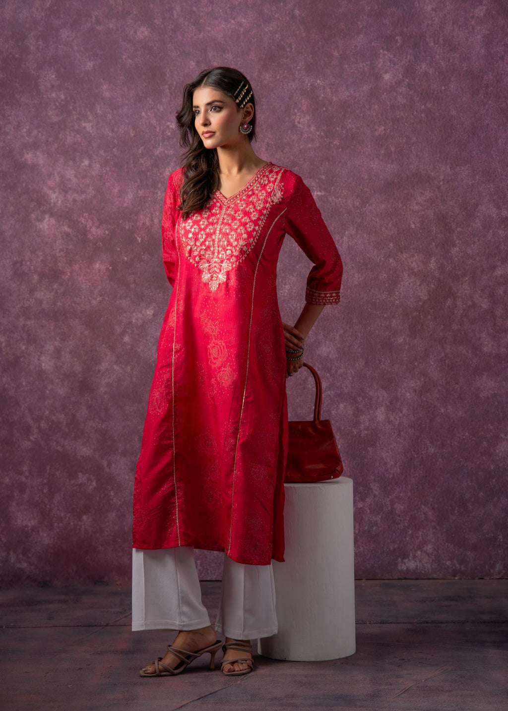 Juniper Rust Red Embroidered Straight Kurta | Grocsy