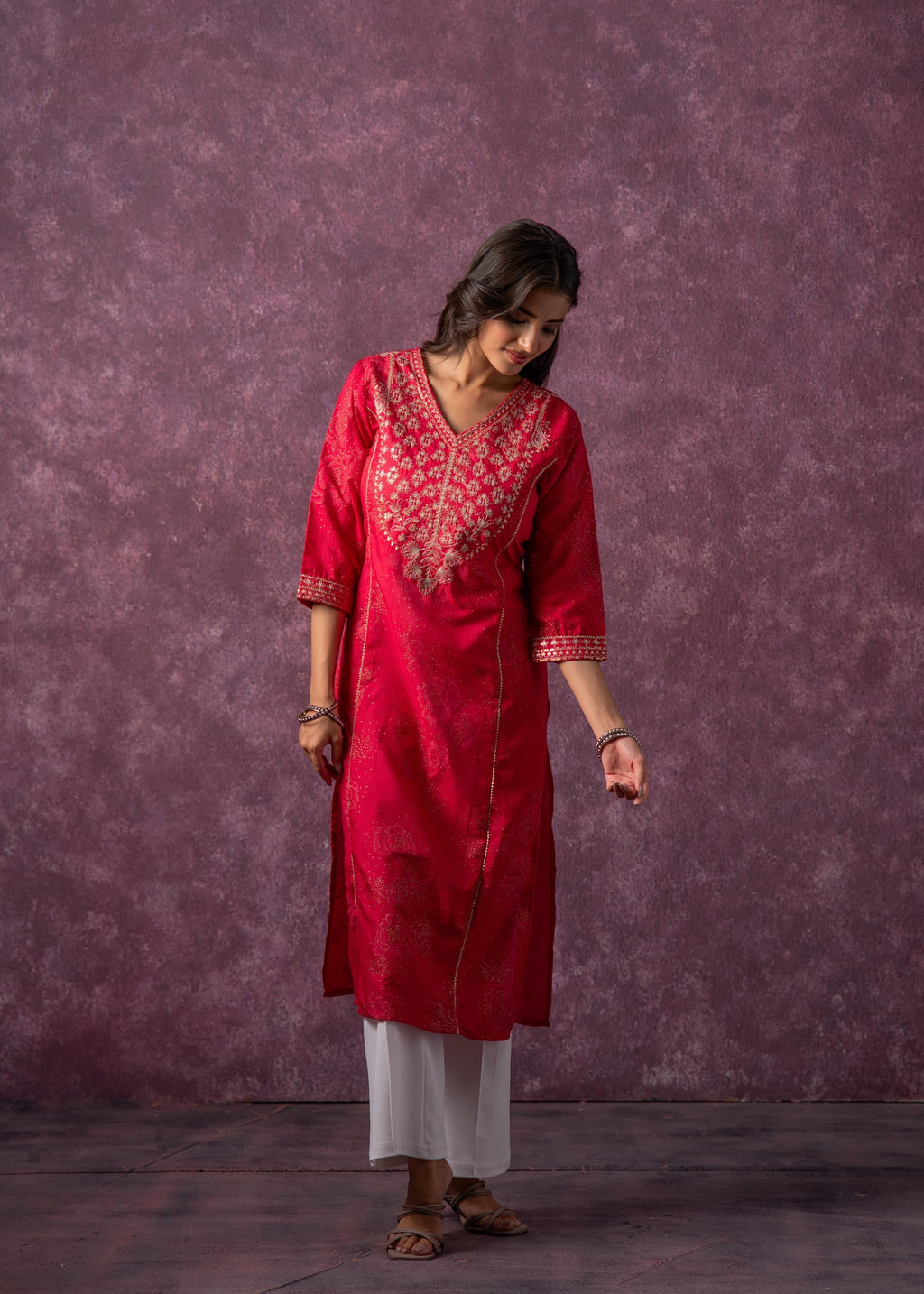 Juniper Rust Red Embroidered Straight Kurta | Grocsy