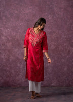 Juniper Rust Red Embroidered Straight Kurta | Grocsy