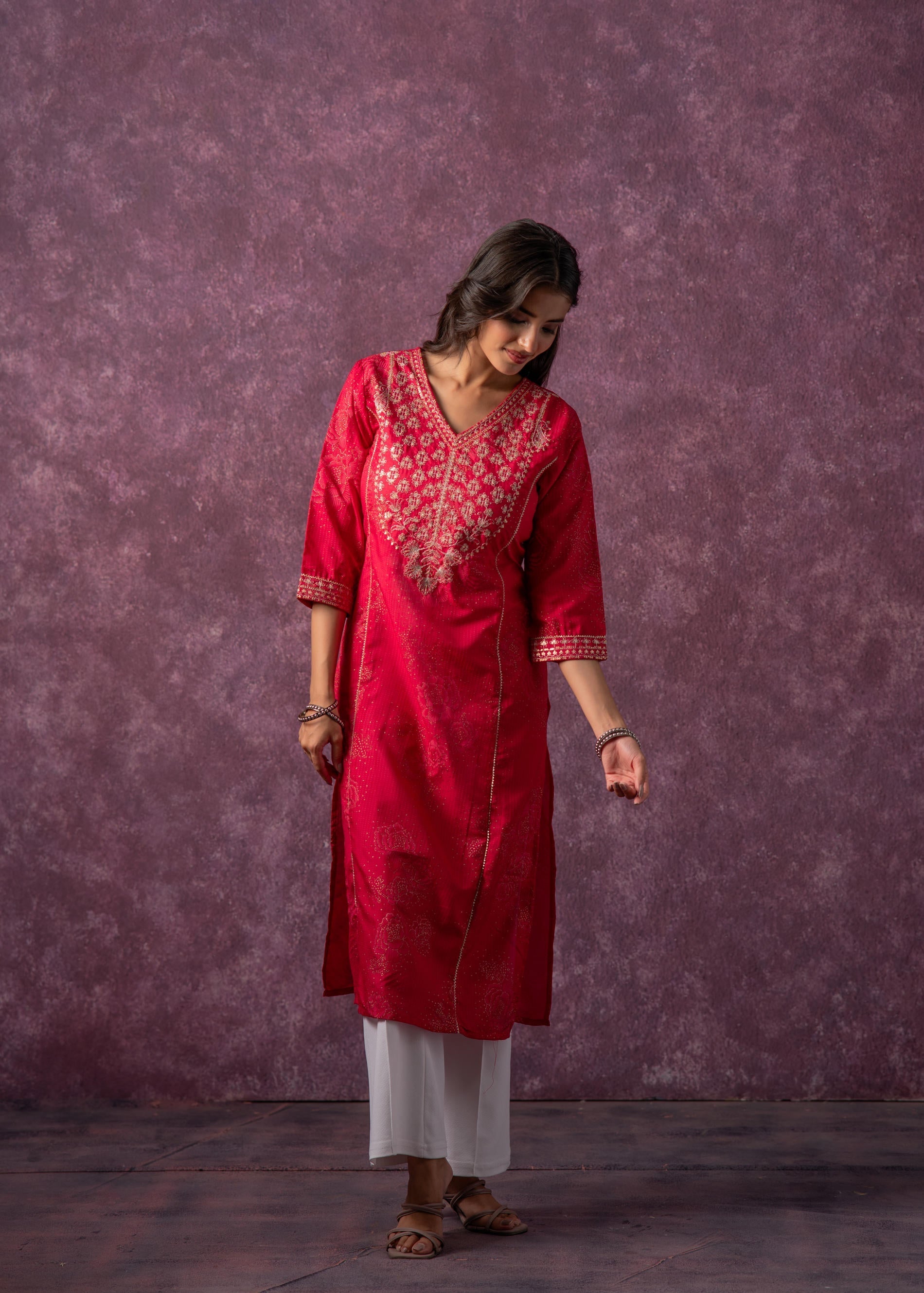 Juniper Rust Red Embroidered Straight Kurta | Grocsy