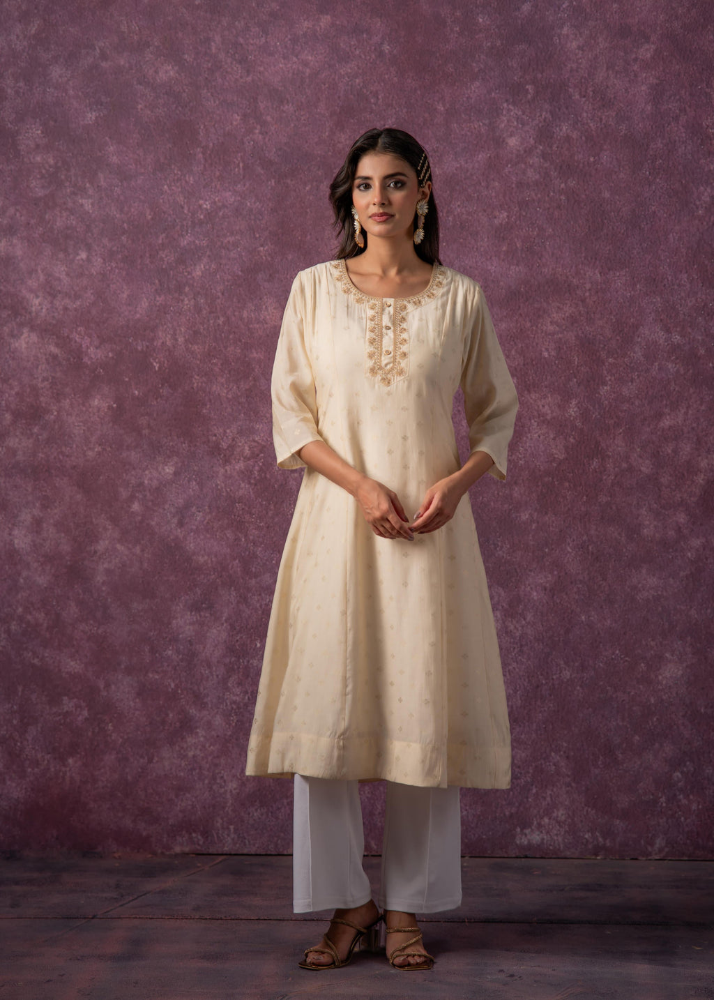 Juniper Ivory Glow Kurta Set With Subtle Zari Detailing | Grocsy