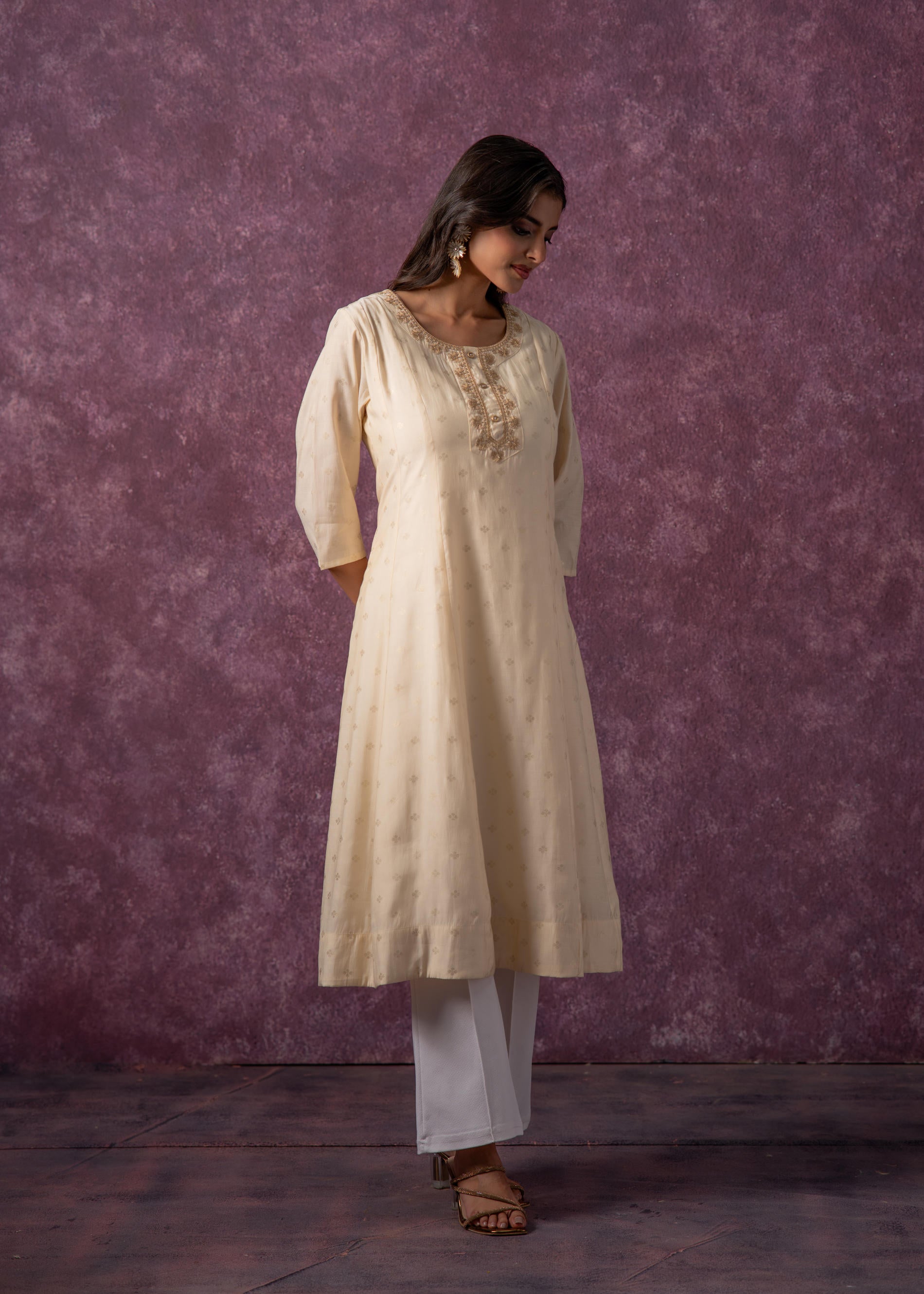 Juniper Ivory Glow Kurta Set With Subtle Zari Detailing | Grocsy