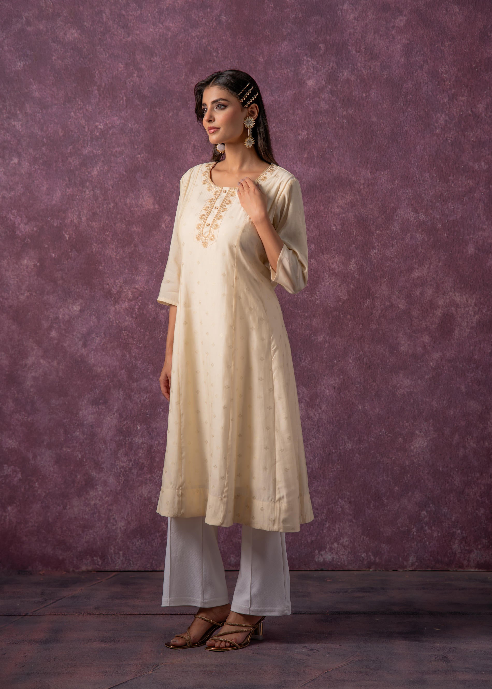 Juniper Ivory Glow Kurta Set With Subtle Zari Detailing | Grocsy