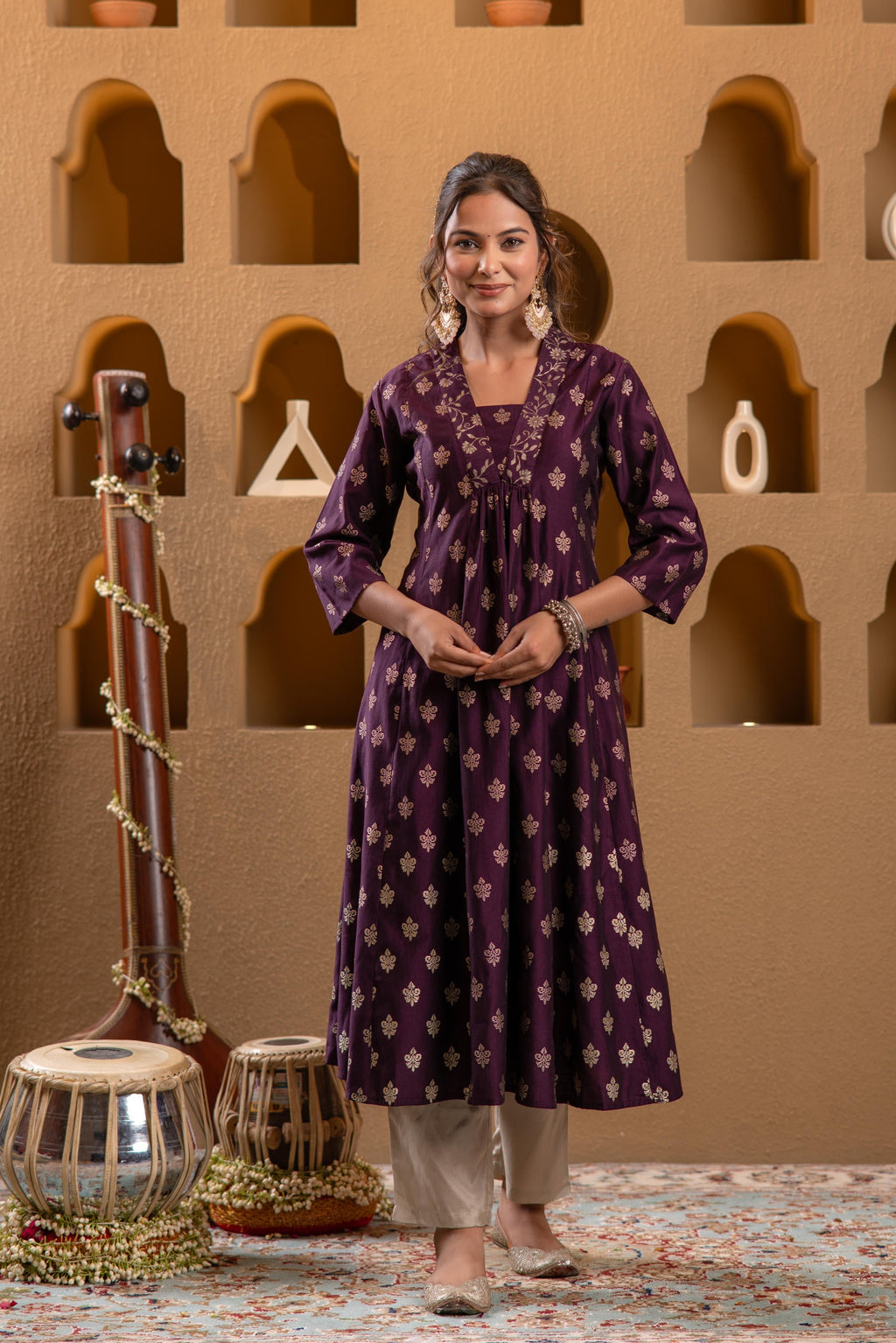 Juniper Purple Gold-Printed Anarkali Kurta | Grocsy