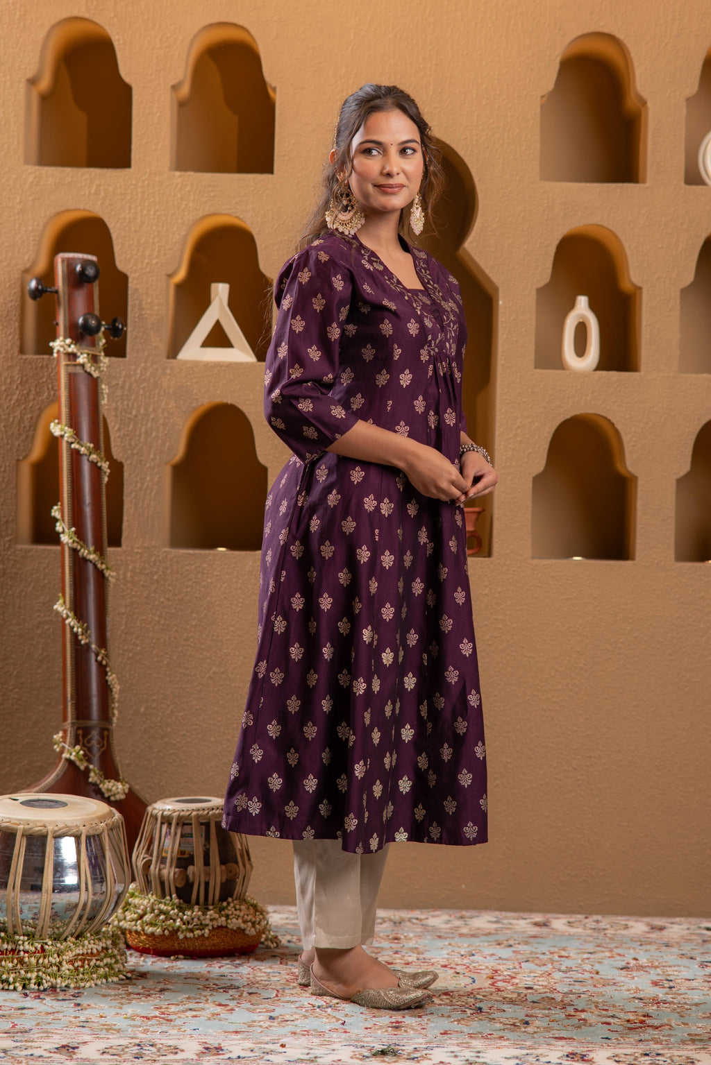 Juniper Purple Gold-Printed Anarkali Kurta | Grocsy