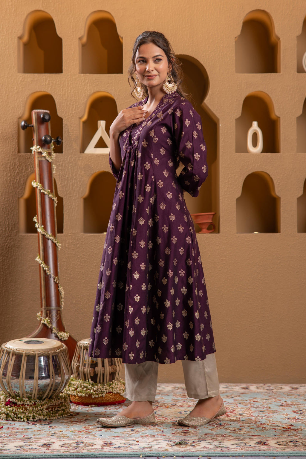 Juniper Purple Gold-Printed Anarkali Kurta | Grocsy