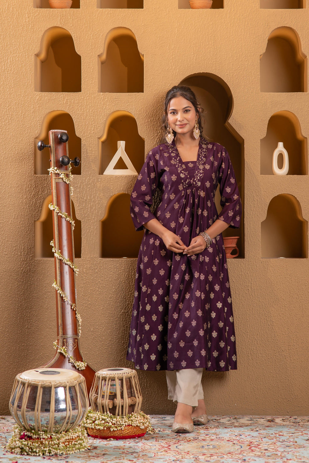 Juniper Purple Gold-Printed Anarkali Kurta | Grocsy