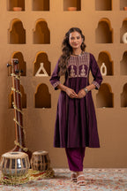 Juniper Wine Embroidered Yoke Kurta | Grocsy