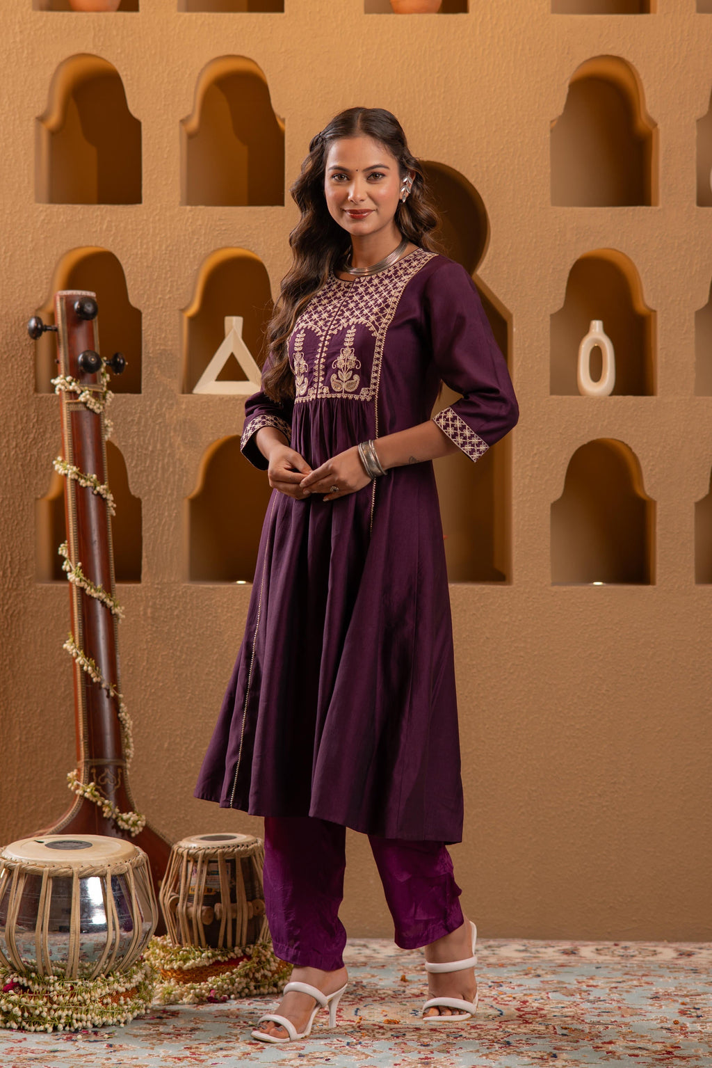 Juniper Wine Embroidered Yoke Kurta | Grocsy