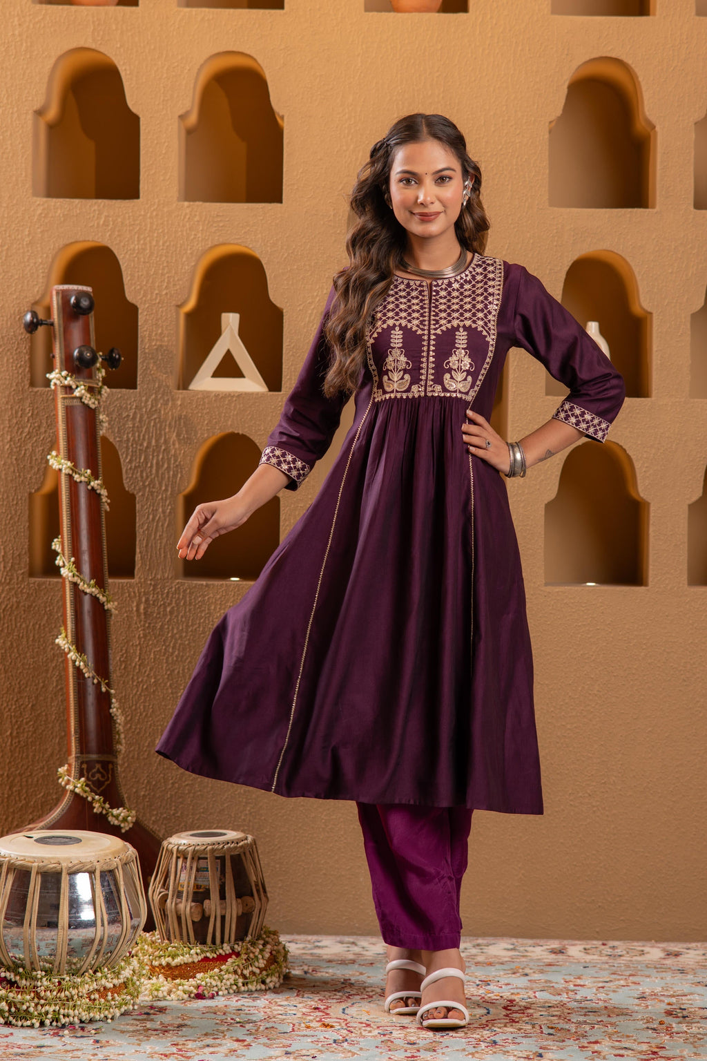Juniper Wine Embroidered Yoke Kurta | Grocsy