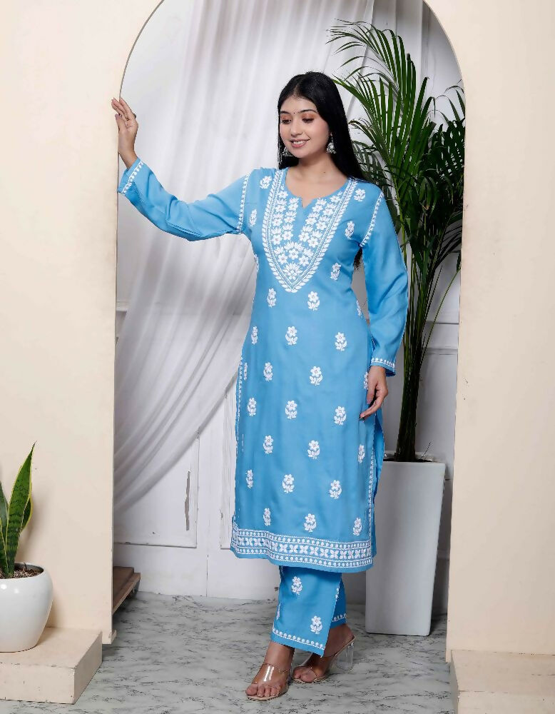 Miravan Womens Blue Embroidered Kurta With Palazzo | Grocsy