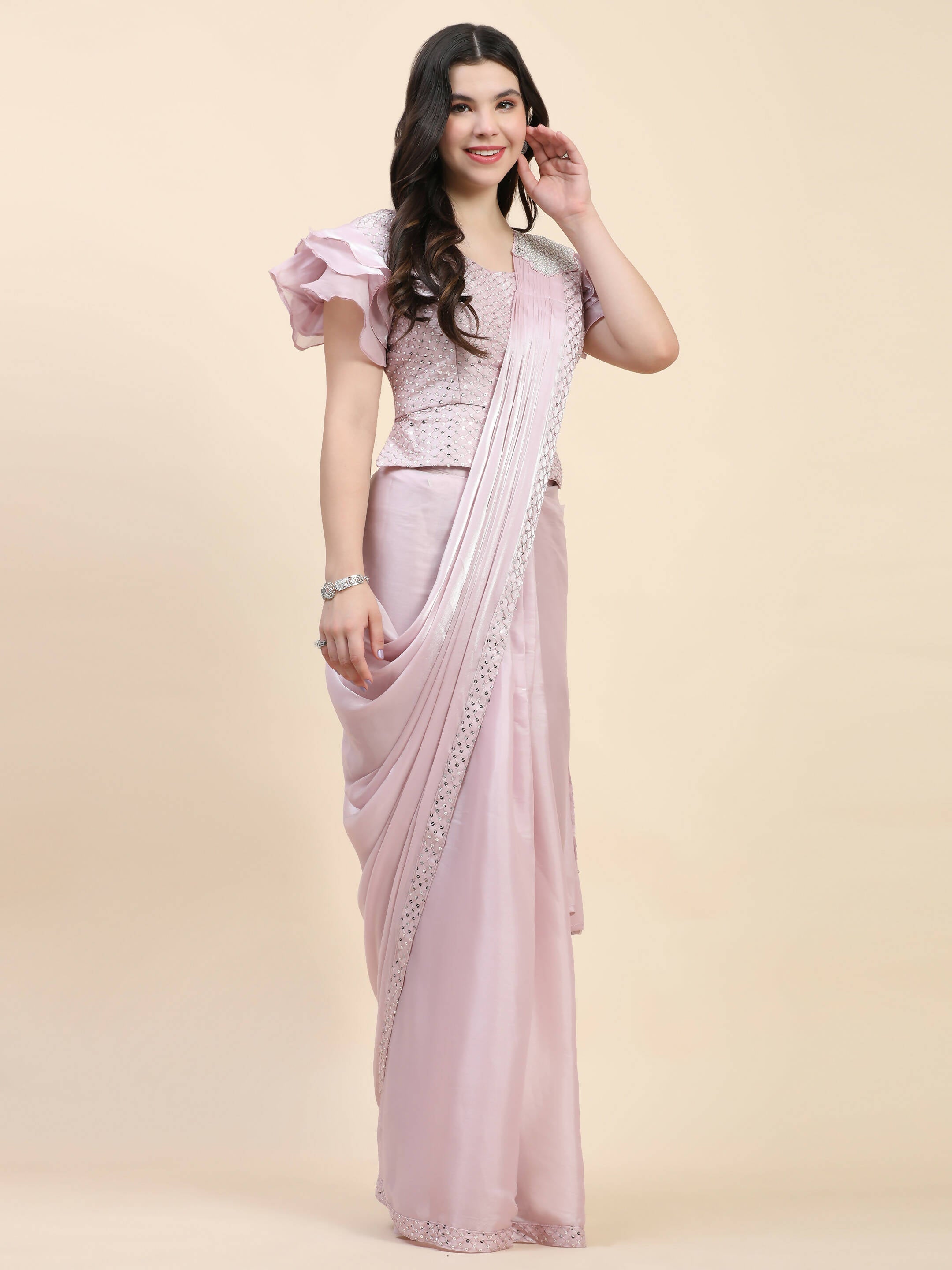 Light Pink Silk Satin Sequence Work Ready to Wear Saree with stitched Blouse - Nirvana | Grocsy